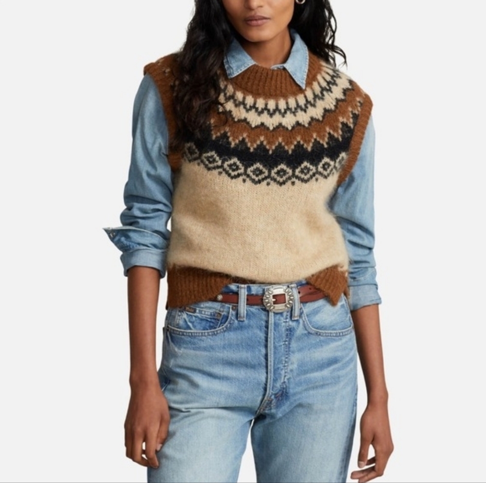 Polo Ralph Lauren Brown and Cream Patterned Sweater Vest